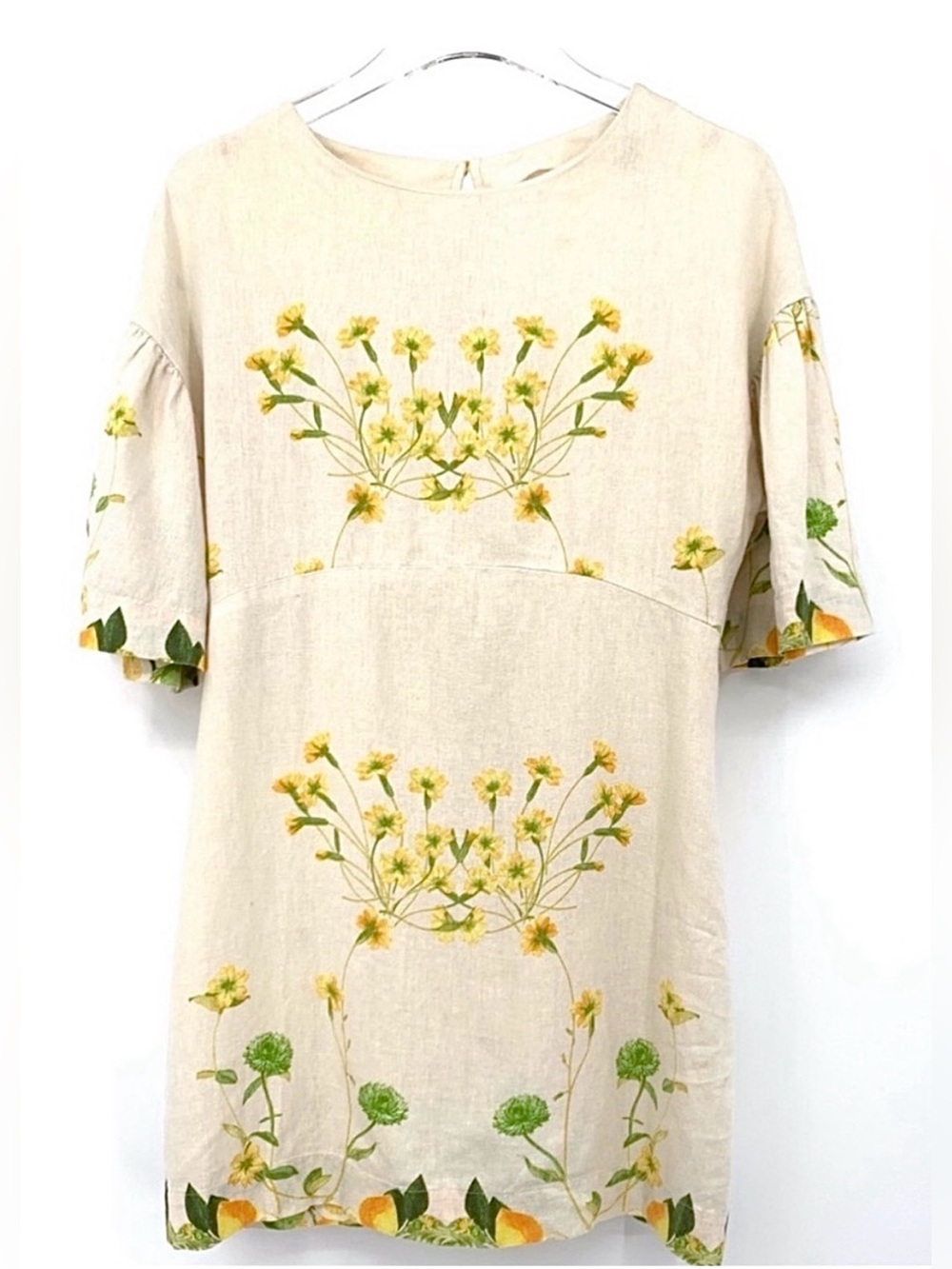VGUC FARM Rio Linen Floral Mini Shift Dress with Yellow & Green Botanical Motif